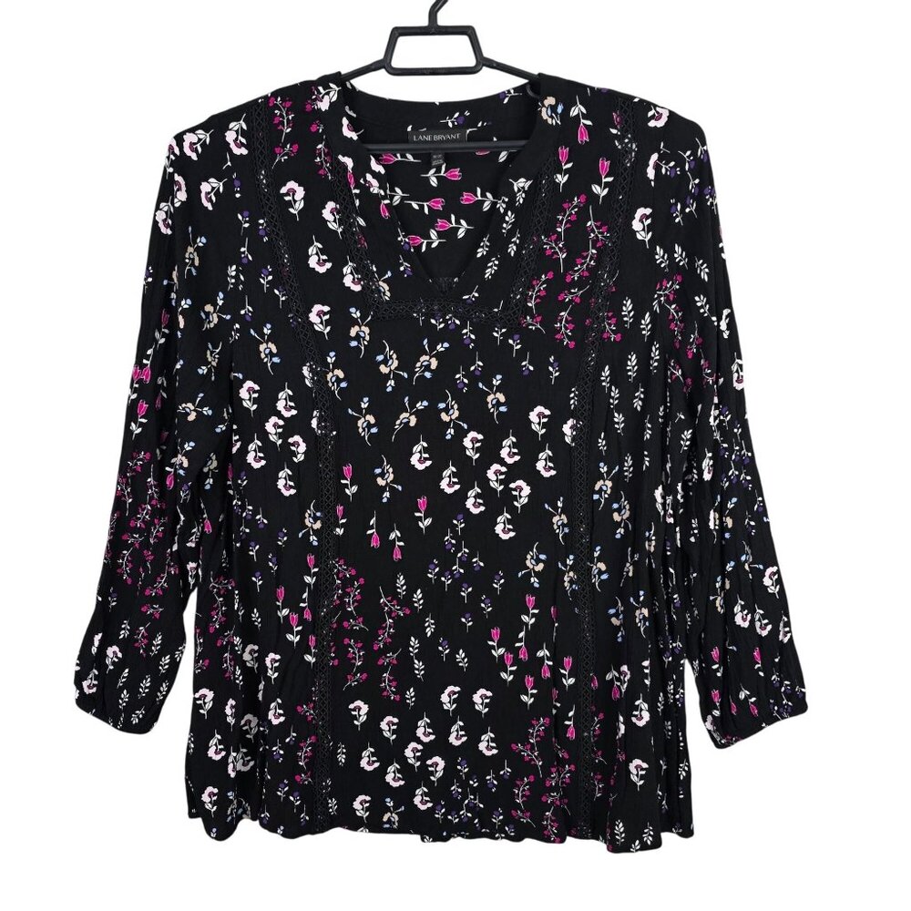Womens Lane Bryant Black Floral Print Tunic Blouse 100% Rayon 3/4 Sleeve 18/20
